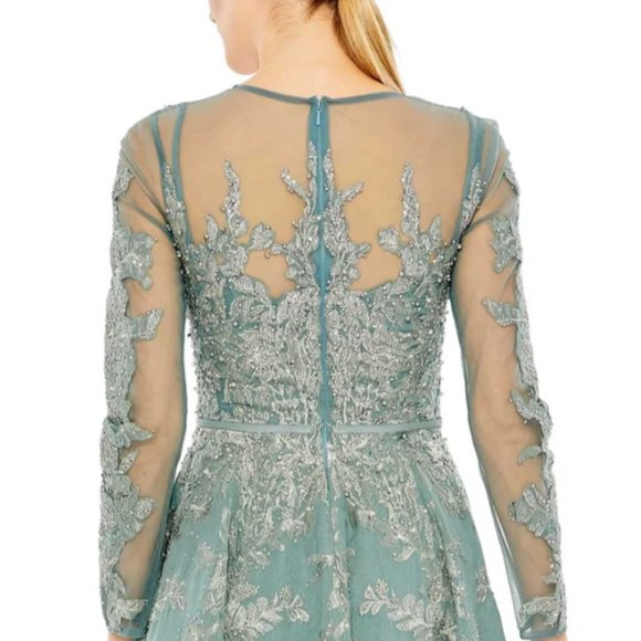 MAC DUGGAL 20337 EMBELLISHED BOW BELT LONG SLEEVE A-LINE JADE DRESS GOWN sz 8 - Picture 4 of 6